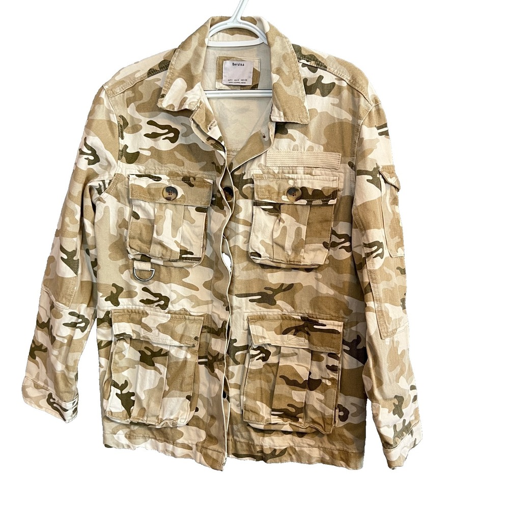 Bershka Brown & Cream Camo Jean Jacket Denim Women's Size Small